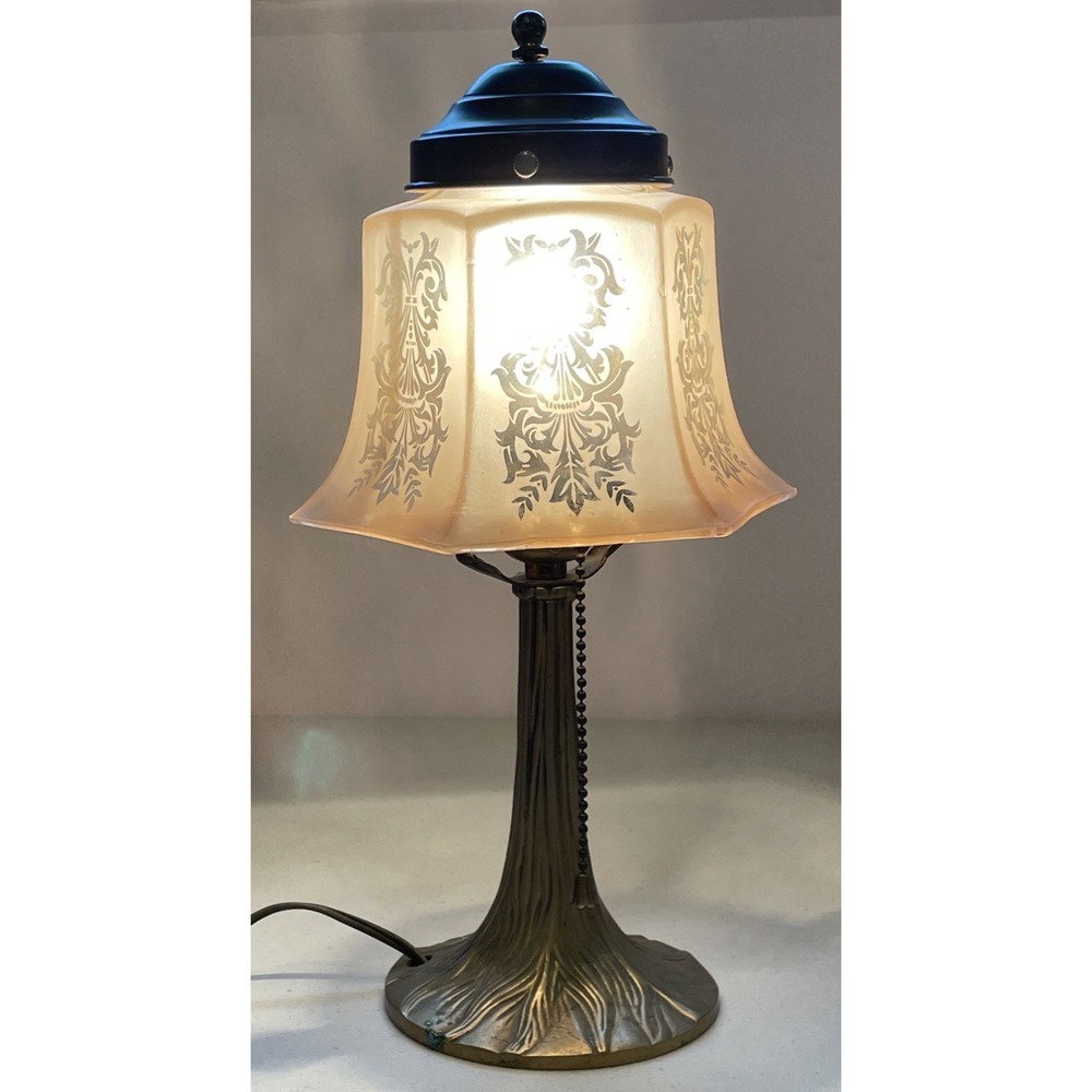 Vintage Art Nouveau Brass Table Lamp Etched Glass Shade Tiffany Style Tree Base - Picture 6 of 16